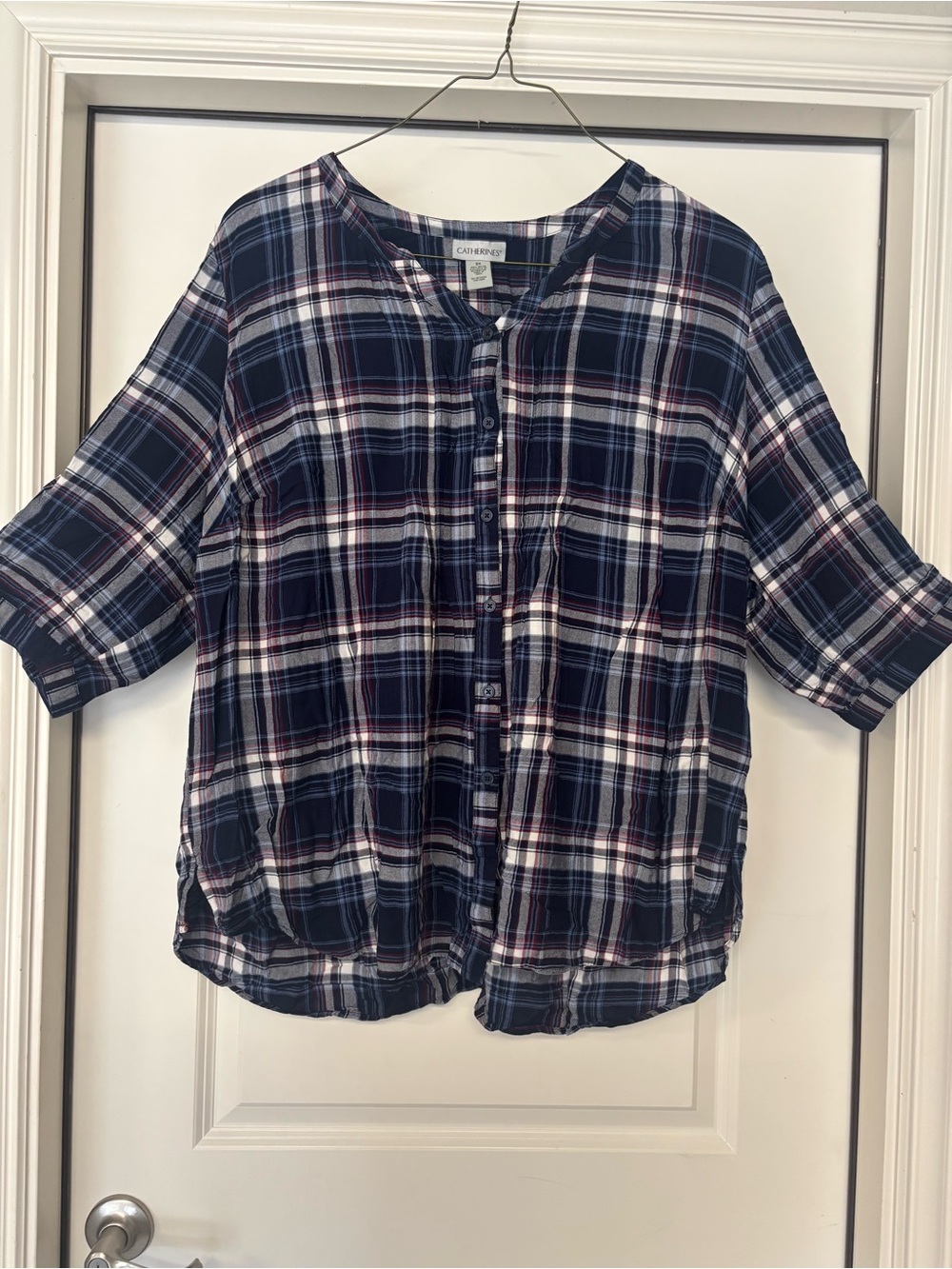 Catherines, 3X navy blue/white/red Plaid 3/4 Sleeve Button Shirt, 100% rayon